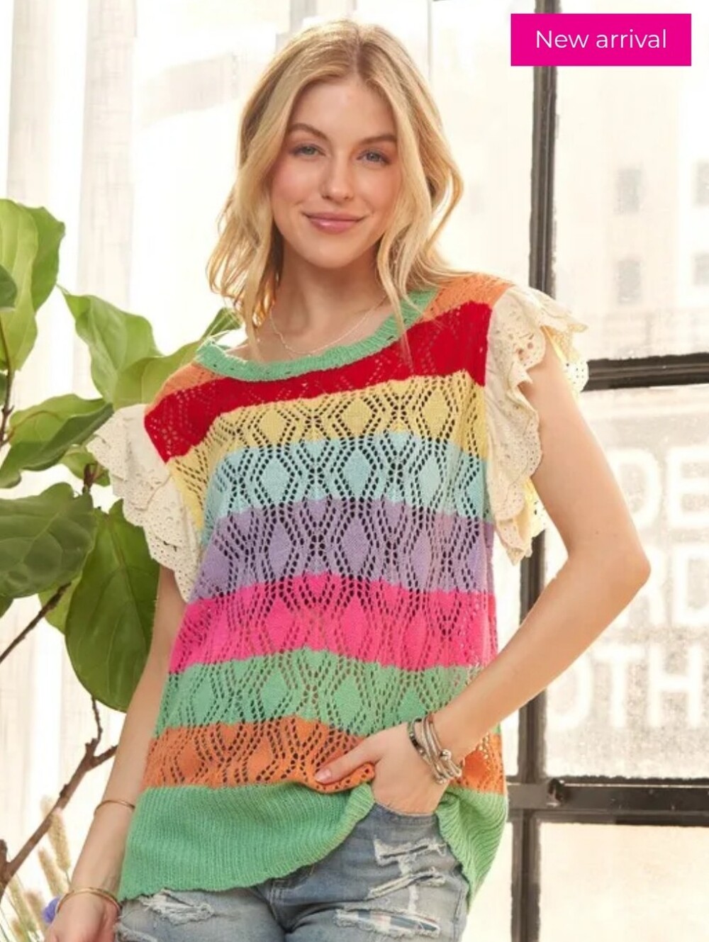 Adora Eyelet Sleeve Multicolored Crochet Top